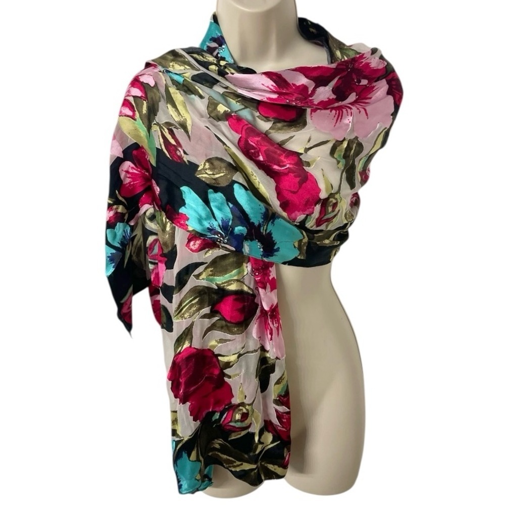 Collection Eighteen 100% Silk Scarf Floral Colorful Rectangle Semi-Sheer luxury